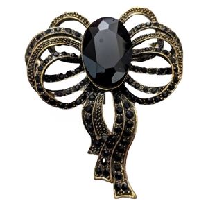 Vintage Large Black Rhinestone Bow Shaped Ribbons Metal Brooch / Pin